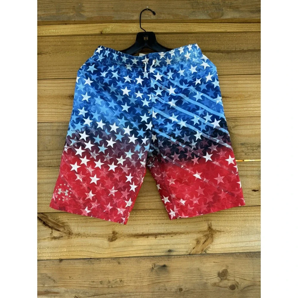 Under Armour Swim Trunks Boys Youth XL Red White Blue Patriotic American‎ Stars